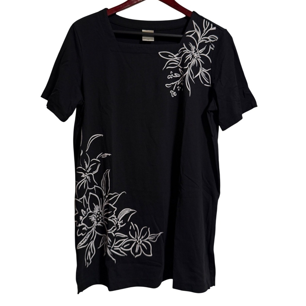 Blair Womens Black Square Neck Floral Embroidered Short Sleeve T-Shirt Large‎
